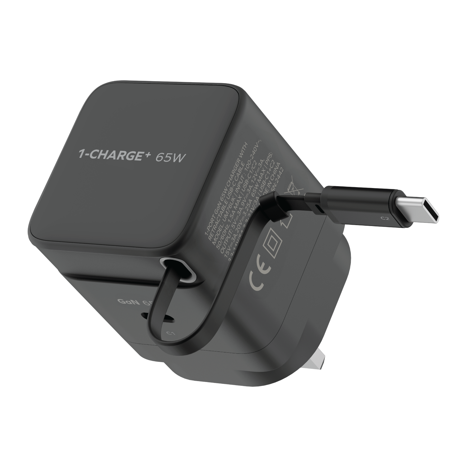 MOMAX 1-CHARGE 65W GAN 1 PORT CHARGER WITH BUILT-IN USB-C CABLE
