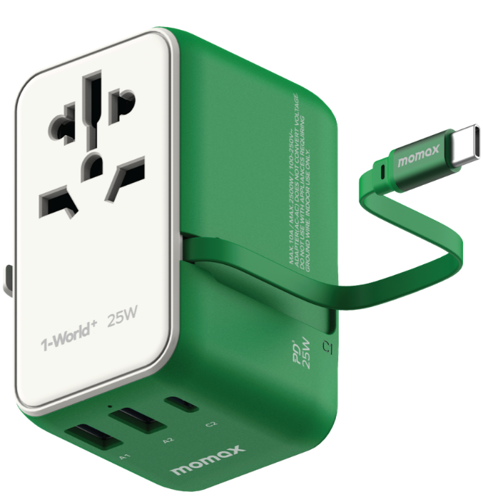 MOMAX 1-WORLD 25W 3 PORT WITH BUILT-IN USB-C CABLE AC TRAVEL ADAPTOR