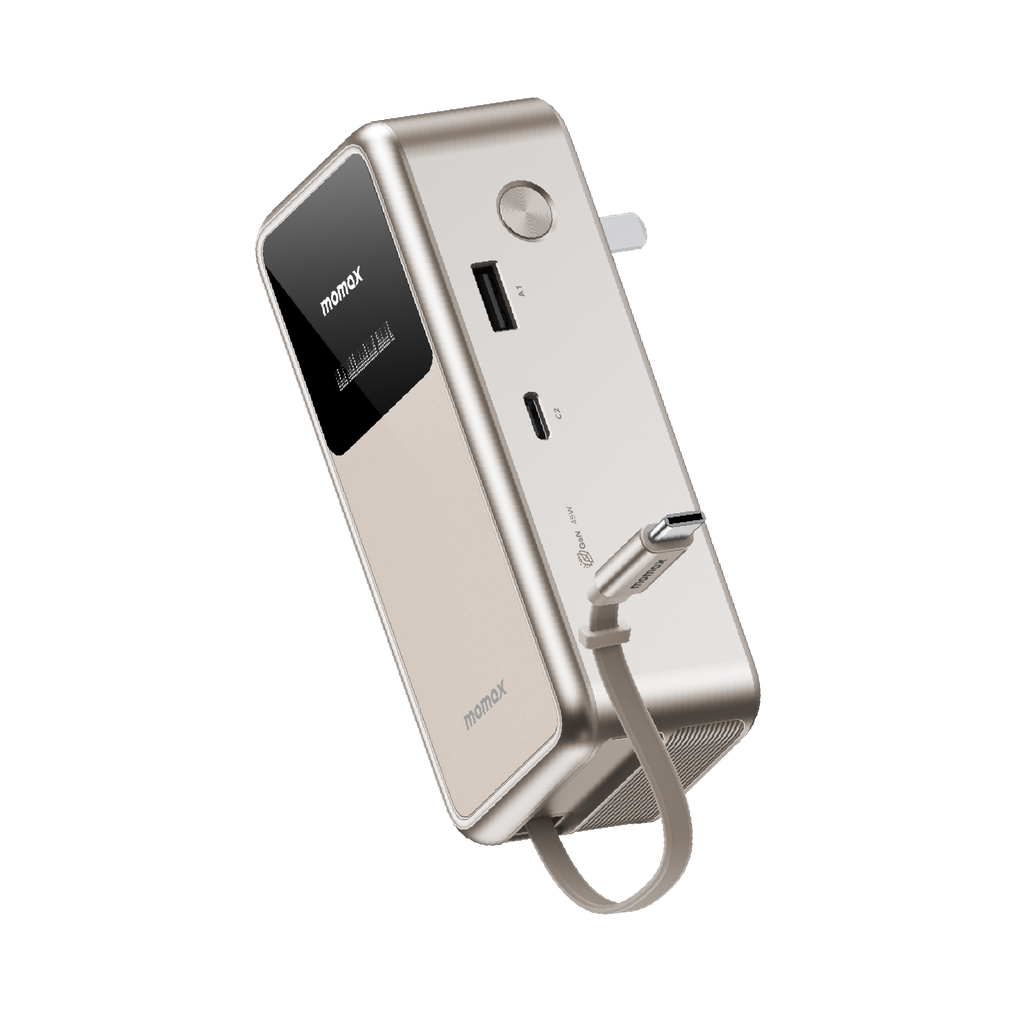 MOMAX 1-PAC⁺10000mAh 3IN1 HYBRID GAN BATTERY PACK WITH BUILT-IN RETRACTABLE CABLE